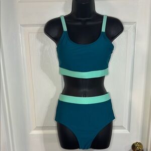 Adisputent teal & green two piece swim suit, size small, NWT.